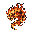 A fire elemental with glowing eyes lunges forward, its chaotic form a swirl of orange, red, and yellow flames with molten textures, trailing embers.