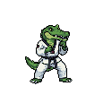 A green crocodile in a white karate gi with a black belt performing a side kick.