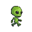 Stylized green pixel art alien with a large head and slender body, walking.