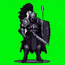 A heavily armored knight with a horned helmet and a black plume, wielding a sword and a kite shield with a cross emblem, stands against a neon green background.