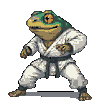 Amphibian warrior in white gi and black belt, in a low fighting stance with expressive eyes and poised webbed hands.