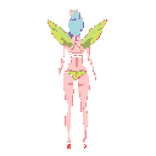 Female figure viewed from the back, wearing a yellow-green two-piece swimsuit and matching yellow-green wings. Light blue hair. Solid red background.
