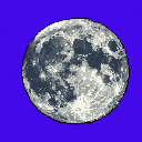 A full moon with detailed craters and textured surface, set against a deep royal blue background.