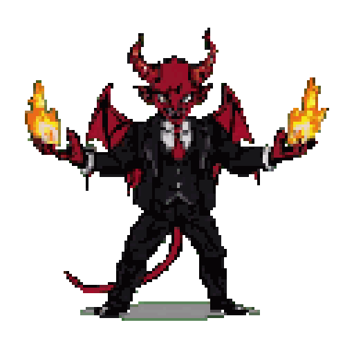 A red-skinned devil with pointed horns and bat-like wings stands in a black suit, white shirt, and red tie, holding fireballs in each hand against a dark green background.
