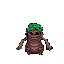 A small, hunched anthropomorphic tree creature with a bark-textured body, short limbs, and a crown of green foliage. It has black almond-shaped eyes and a simple dark line for a mouth. The background is a solid brown.