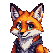 A fox with vibrant orange fur, dark eyes, and a textured dark vest, looking forward with its head tilted.