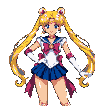 Sailor Moon with blonde pigtails and red bows, wearing her iconic sailor uniform, stands confidently with hands on hips against a black background.