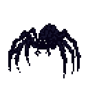 A large, dark spider with eight splayed legs and bright white eyes.
