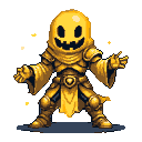 Anthropomorphic jack-o'-lantern character in full golden armor, striking a dynamic pose with arms outstretched, against a plain tan background.