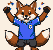 A jubilant fox in a blue soccer jersey and dark shorts raises its arms triumphantly, tail swishing, with sparkles and starbursts above its head.