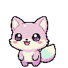 Chibi fox with pastel pink and lavender fur, large sparkling eyes, and a fluffy tail, gently bouncing and blinking.