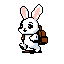 A white rabbit with a brown backpack runs forward with its ears perked.