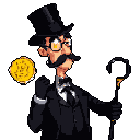 Wealthy gentleman in a black suit, white shirt, and top hat, wearing yellow-lensed spectacles and sporting a mustache. He holds a black cane and a large yellow coin floats near his fist.