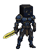 Warrior with featureless black cube head, glowing white eyes, and radiant golden pixelated sword in a fighting stance.