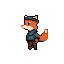 An anthropomorphic fox character standing upright, facing left, with a muted orange background. The fox has dark orange fur, a cream muzzle and chest patch, and wears a desaturated blue hoodie and cap, brown trousers, and black outlines.
