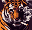 A pixelated tiger with a cigarette in its mouth, exhaling smoke.
