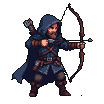 Hooded ranger with beard drawing a bow, arrow nocked.