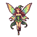 A pixel art fairy with green wings and clothing, mid-flight with arms and legs extended.