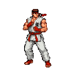 Martial artist in a white gi with red accents and red-taped fists, in a ready fighting stance, looking forward.