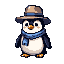 A charming penguin wearing a light brown fedora with a blue band and a light blue scarf, standing centered against a dark background.