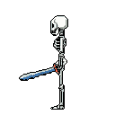 Pixelated skeleton in profile facing left, holding a sword pointed downwards.