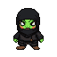 Green-skinned character with a black hood and mask, in a combat-ready stance with clenched fists.