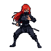 Fierce ninja with flowing crimson hair and a dark mask, holding twin blades in a ready stance.