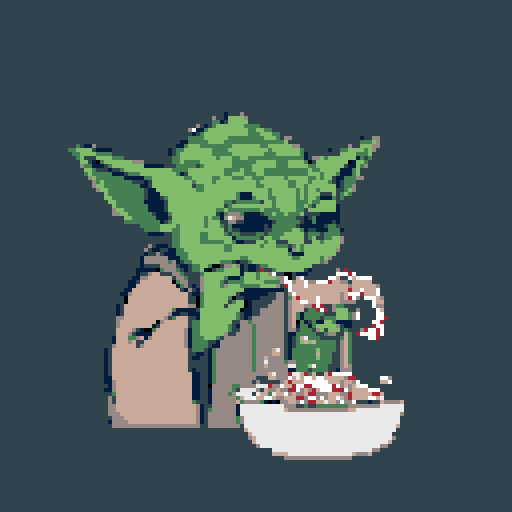 Yoda, wearing tan Jedi robes, eats from a white bowl filled with reddish-brown food. He is centered, looking down at the bowl with his left hand near his chin. The background is dark teal.