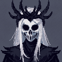 Skeletal figure with a skull-like face, wearing a dark, spiky crown and dark clothing, with long flowing white hair cascading around the face and shoulders.