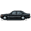 Black 1980s/1990s luxury sedan in side profile, on a dark grey background.