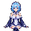Bust-up portrait of a young woman with short, wavy, bright blue hair and deep blue eyes, wearing a white frilly maid outfit over a dark dress with puffy sleeves.