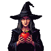A shadowed witch with a pointed hat offers a glowing ruby-red apple, her expression serene and her gaze piercing.