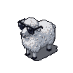 Fluffy white sheep wearing dark sunglasses, isometric pixel art.