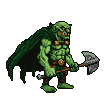 A green-skinned troll with a menacing expression charges forward, its axe raised, cape billowing.