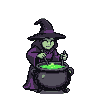 Witch with a pointed hat stirring a bubbling green potion in a cauldron.