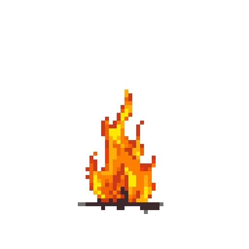 A small, steady campfire with upward-reaching flames in shades of red, orange, and yellow. Dark brown and black pixels at the base suggest embers and fuel. The background is a solid gray.
