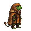 A fantasy creature with a green reptilian head and a shaggy brown mane runs forward. It wears an earth-toned tunic and a fur-lined cloak.