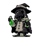 A stylized plague doctor figure stands hunched forward, wearing a dark hat and beak mask, holding two small glass bottles filled with glowing green liquid.