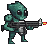 Menacing green alien with glowing red machine gun, intense gaze, armored shoulders, poised for action.