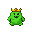 A round, green slime character wearing a golden crown dances joyfully with flailing stubby arms and a wide, pixelated smile.