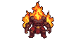 A fire elemental with dark molten armor, crowned with vibrant, flickering flames, in a menacing, pixelated stance.