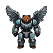 A bear in segmented power armor with unfurled feathered wings, featuring glowing cyan accents.