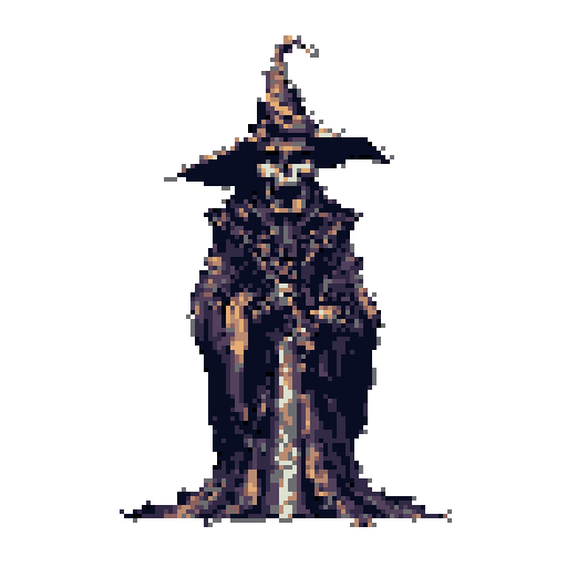 A skeletal grim reaper in dark robes and a pointed hat, holding a scythe.