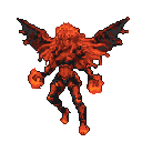 A central, humanoid demon figure with glowing red and orange flames for hair and in orbs held in its raised hands, with large, dark, bat-like wings spread wide.