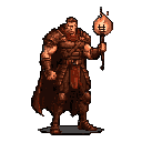 Muscular warrior in three-quarter view, holding a flaming torch forward, wearing dark armor, a red sash, and a flowing cape against a dark grey background.