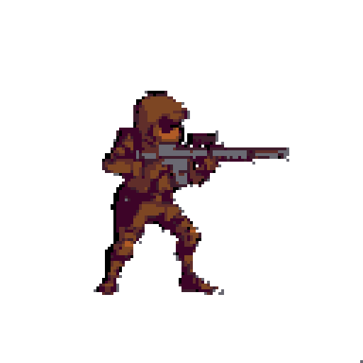 Crouched soldier with scoped rifle, angled left, aiming right. Solid grey background.