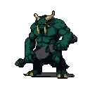 Muscular, horned beast-man with tusks, holding a cleaver-like weapon, standing against a muted green background.