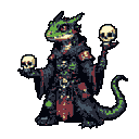 Green-scaled lizard mage with red eyes, wearing a tattered dark robe with skull and bone details, holding a human skull in each hand. Muted red background.