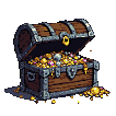 An open, weathered wooden treasure chest overflowing with glittering gold coins and vibrant pink and purple jewels.