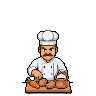 A chef with a toque and mustache chops vegetables on a wooden cutting board.